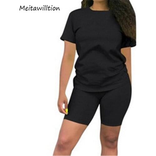 Casual 2 Piece Set Women Suits 2020 Summer Solid T Shirt And Biker Shorts Set Sexy Short Sleeve Yoga Tracksuits
