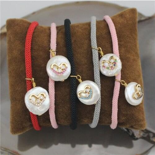 Adjustabl 10pcs/lot Freshwater pearl with cz charm pendant bracelet,rope with heart shape cz pearl bracelet,handmade jewelry