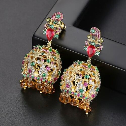 Luxury Jhumka Crystal Zircon Bell Drop Dangle Earrings Indian Jewelry Vintage Jhumki Ethnic Gypsy Beads Tassel Earring Bollywood