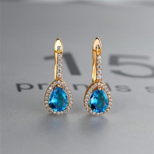 Antique Gold Color Small Earrings Dainty Water Drop Stone Hoop Earrings Charm Aqua Blue Zircon Earrings For Women Bridal Jewelry