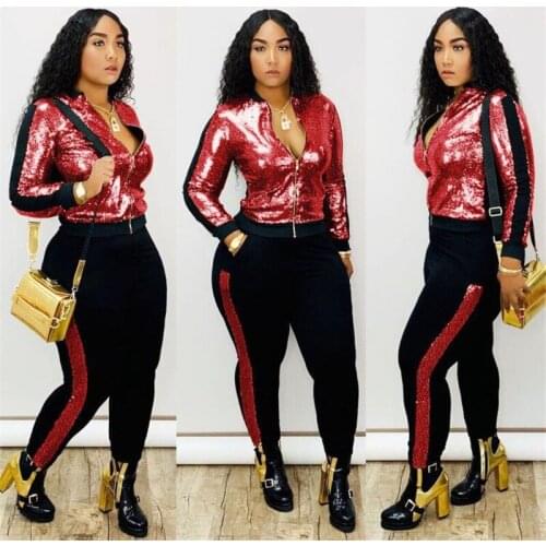 Sequined Tracksuit Women Two Piece Set Autumn Clothing Zipper Jacket Top and Pants Suit Casual Fashion Womens Sets Club Outfits