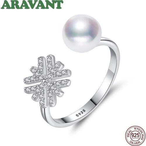 925 Sterling Silver Snowflake Natural Pearls Rings Jewelry Women 7MM Freshwater Pearl Open Adjustable Ring