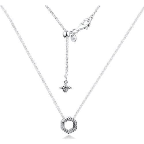 Sparkling Honeycomb Hexagon Collier Necklace Genuine 925 Sterling Silver Chain Necklaces for Women DIY Jewelry colar Wholesale