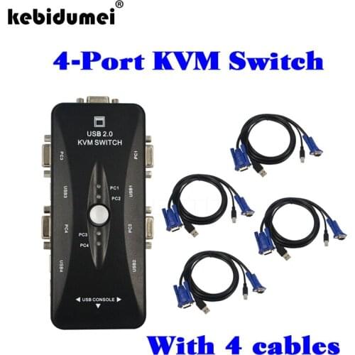 1Set 4 Port USB 2.0 KVM VGA SVGA Switch Hub Box Adapter + 4pcs VGA Cable (1lot =5pcs =1pcs USB KVM Swith + 4pcs Cables)