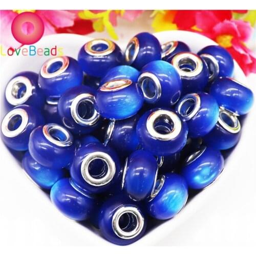 10 Pcs Blue Color Cat Eye Evil Eye Bead Big Hole Murano Beads Spacer Charms Fit Pandora Bracelet DIY Crafts Women Jewelry Kit