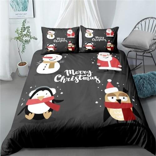 2/3 Pieces Merry Christmas Bedding Sets Christmas Penguin Duvet Cover Luxury Black Background Cover Set Holiday Bed Quilt Cover