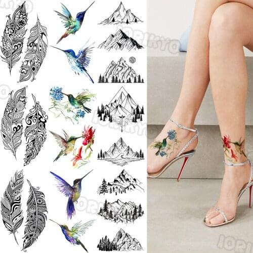 Watercolor Hummingbird Small Temporary Tattoos For Women Men Mountain Tree Feather Fake Tattoo Sticker Leg Forearm Tatoos Tribe