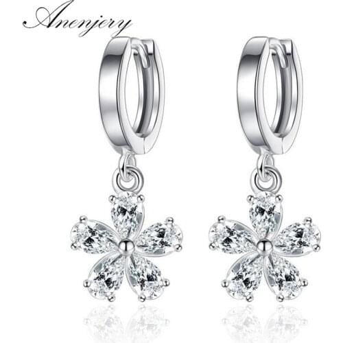 Anenjery 925 Sterling Silver Cherry Flower Drop Earrings For Women Zircon Earrings oorbellen brincos pendientes S-E422