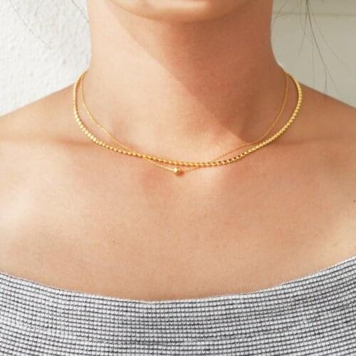 925 Sterling Silver Jewelry 18K Gold Color Square Beaded Chain Double Layer Chains Choker Summer Jewelry for Girls Women Gifts