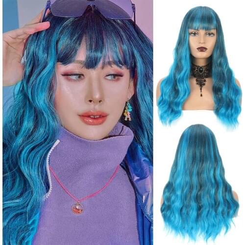 Long Curly Womens Wigs with Bangs Synthetic Blonde Wavy Heat Resistant Natural Hair Wig Female Cosplay Party and Daily Use