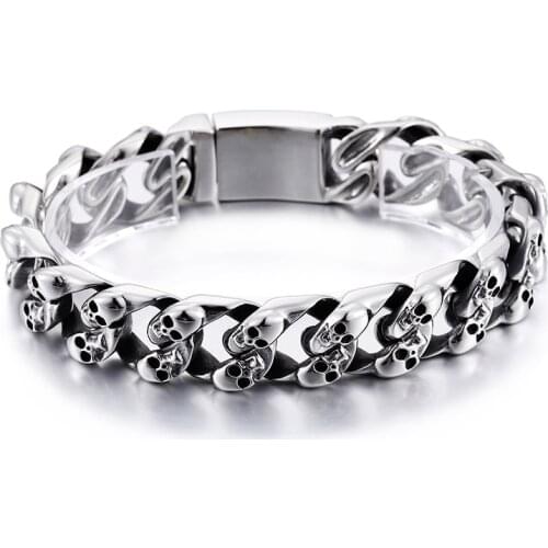Fate Love jewelry 316L Stainless Steel Biker Skull Curb Link Chain Bracelet in mens Jewelry bangle 8.5'' 15mm