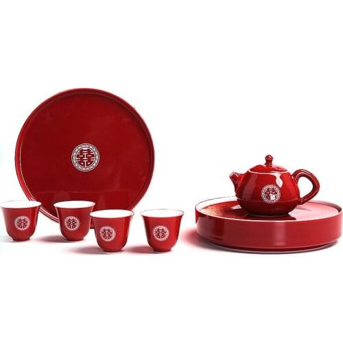 Chinese wedding red Kungfu tea set handmade ceramic tea cup pot tray supplies creative teapot teacup gift box