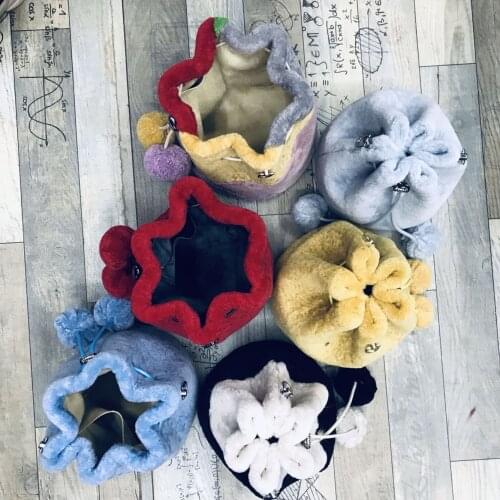 Fur bag cashmere drawstring petal bucket bag one shoulder tilt across the hand-held fashion womens bag