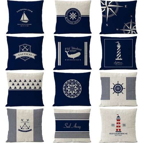 Navigation Blue Compass Anchor Pillow Cover Nautical Shell Fish Linen Pillow Case Home Decorative Mediterranean cushion cover