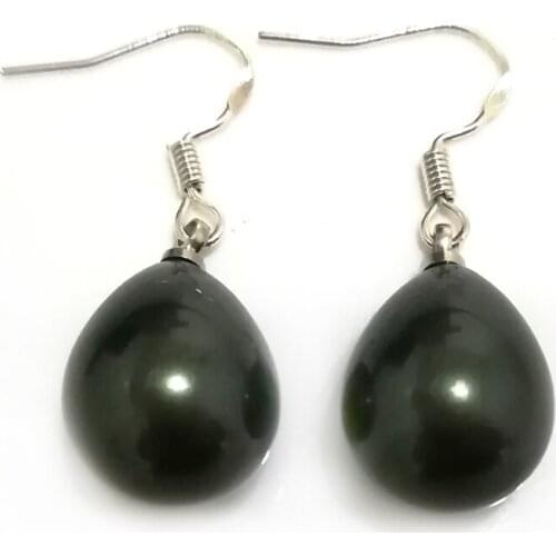 Wholesale 12x16mm Dark Green Raindrop South Sea Shell Pearl 925 Sterling Silver Hook Earring