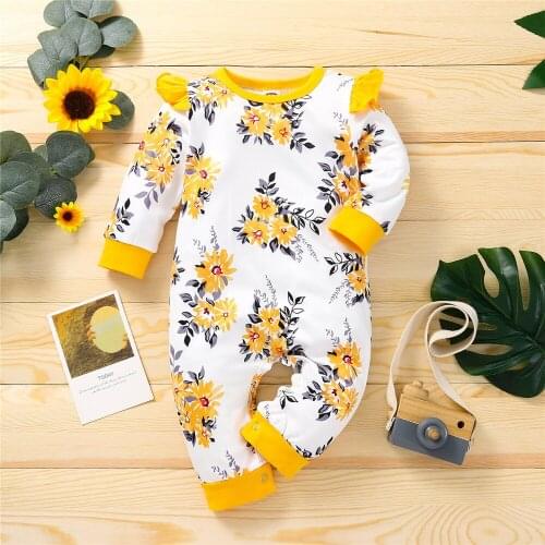 Newborn Autumn Winter Baby Girls Romper Yellow Floral Printed Ruffles Jumpsuit For Kids + Headband Newborn Baby Girl Clothes