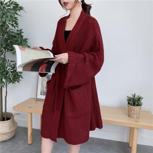 Autumn Loose Mid-Length Cardigan For Women Solid Color Overcoat Korean Style Elegant Female Clothes With Belt