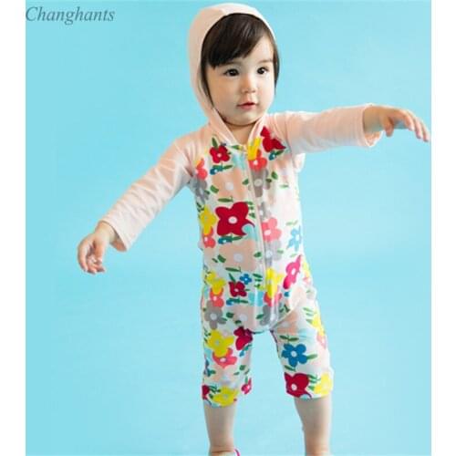 1-6Y Girls Long Sleeve Rash Guard Pink with Flower Print Kids One Piece Swimsuit Baby Swimwear Swim Cap Children Sandy Wear