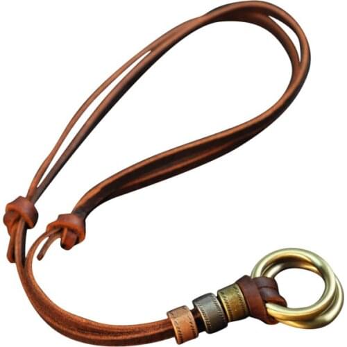 Double Circle New Arrival Fashion Long Genuine Brown Leather Vintage Hoops Men Pendant Necklace Women Male Female Jewelry
