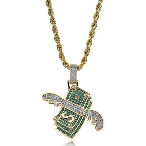 Iced Out Paper Money With Wings Pendant Pave Cubic Zircon Dollar Necklace Creative Hip Hop Jewelry For Men Women Rapper Gift