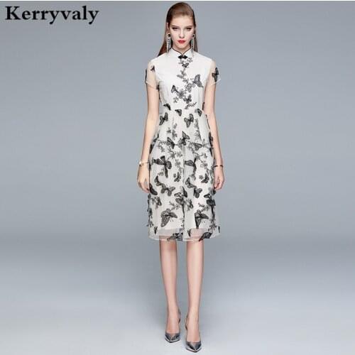 Chinese Style Organza Cheongsam Mesh Applique Summer Dress Ropa Mujer Verano 2021 Midi High-Waisted Embroidered Dress K6642