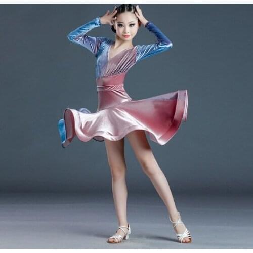New Children Latin Dance Dress Autumn Winter Girls Long Sleeve Gradient Color Standard Grade Competition Performance Dress