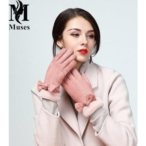 Factory direct sale winter warm lady gloves suede thickened Plush bow windproof and cold proof touch screen