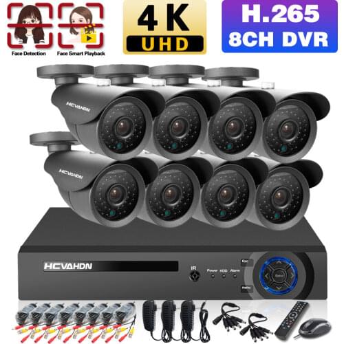 Face Recognition 4 Channel CCTV Camera Security System Kit 4k 8ch DVR Camera Surveillance with Cameras 8MP HD XMEYE DVR Kit 4CH