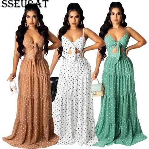 SSEURAT Summer Women Long Maxi Dress V-Neck Dot Print Night Club Party Beach Sexy Elegant Street Bohemian Dresses Vestidos
