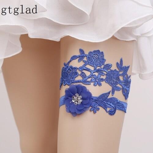 Wedding Garters Rhinestone Lace Blue Embroidery Floral Sexy Garters 2pcs set for Women/Bride Thigh Ring Bridal Leg Garter 5420
