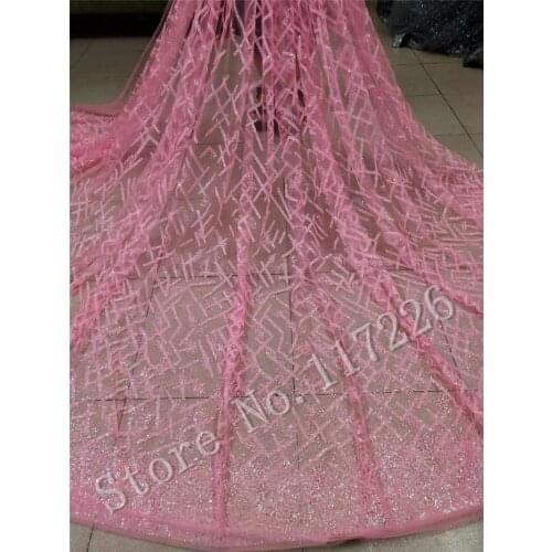 Light pink color New design glued glitter african lace fabric JRB-92807 glued glitter sequins French tulle lace fabric