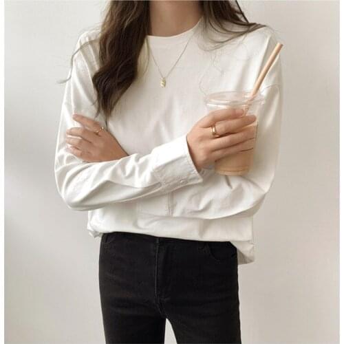 Long-sleeved T-shirt Womens Korean Version Of The Fall 2021 New Oversized Loose Solid Color Simple T-shirt Qm