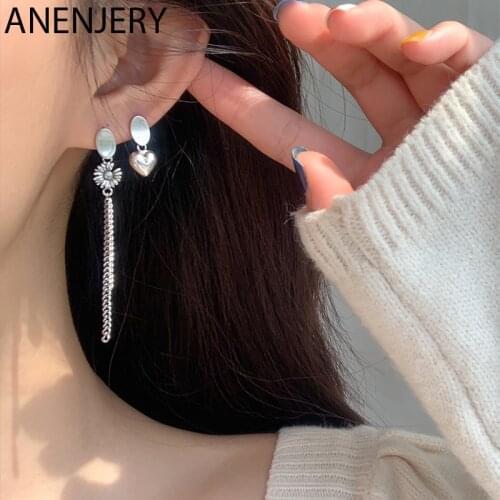 ANENJERY 925 Sterling Silver Sun Flower Heart Asymmetrical Tassel Earrings For Women Girls Sweet Handmade Jewelry S-E1254