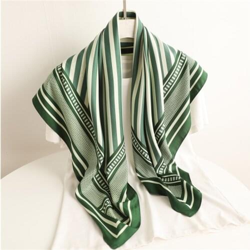 2021 Twill Square Satin Silk Scarf for Women Strip Print Hijab Foulard Headband Ladies Shawl Wrap Bandana Neckerchief 90*90cm