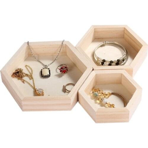 3pcs/1pc Wood Jewelry Storage Boxes Bracelet Necklace Display Tray Plate Hexagon Wooden Cases Organizer Dishes Tray