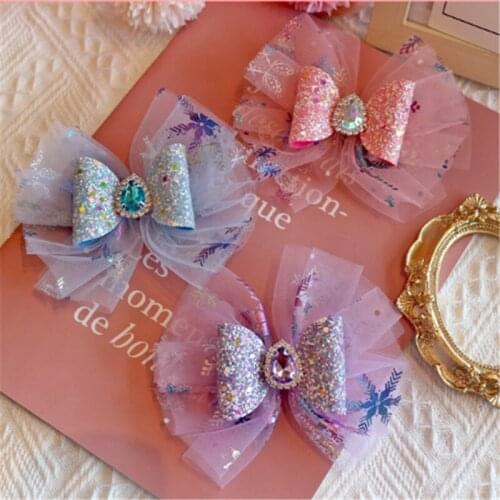 8pcs/lot Fashion Diamond Sweet Hair Bows Clips Double Layer Shine Glitter Princess Snowflake Mesh Hairbow Girls Hairpin Gifts