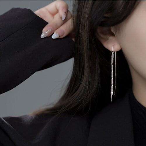 Authentic Real 100% 925 Sterling Silver fine Jewelry PThreader Pull Through iercing ear-bone Chain Earrings Tassel Long C-G5781