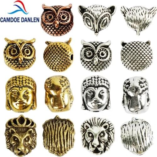 10pcs/bag Antique Gold Silvery Owl Lion Buddha Fox Head Spacer Beads DIY Bracelets Necklace Beads for Jewelry Making Accessories