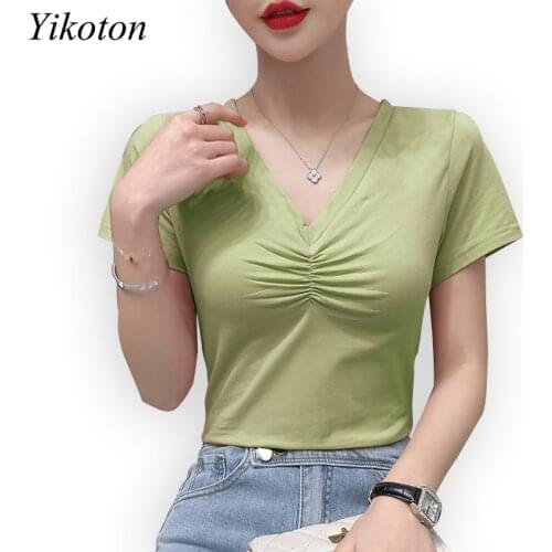Summer Cotton T-Shirts Women Oversized Womans T-shirt Female Sexy V-Neck Shirring Solid Fashion Basic Shirts Casual Tee Tops