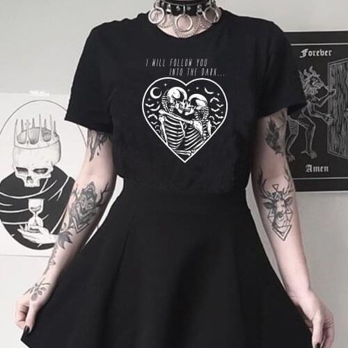 Gothic women Skeleton Kiss print T-shirt summer fashion dark punk casual streetwear new Harajuku O-neck short-sleeved T-shirt