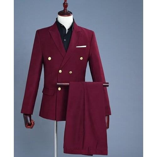 Classic Peak Lapel Pockets Men Suits Burgundy Wedding Groom Suits Double Breasted Costume Homme 2 Piece Set (Jacket+Pants)