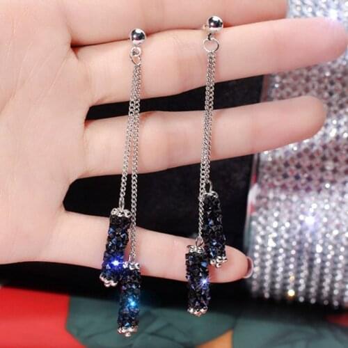 Korean Fashion Personality Crystal Geometric Cylindrical Tassel Earrings Bridal Earring Earrings For Women Long Earrings Jewelry