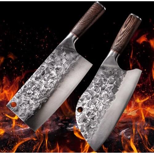 Handmade Forged Butcher Knife Traditional Kitchen Knife Hammer Stainless Steel Chefs Chopper Cooking Knives Wooden Meat Slicer