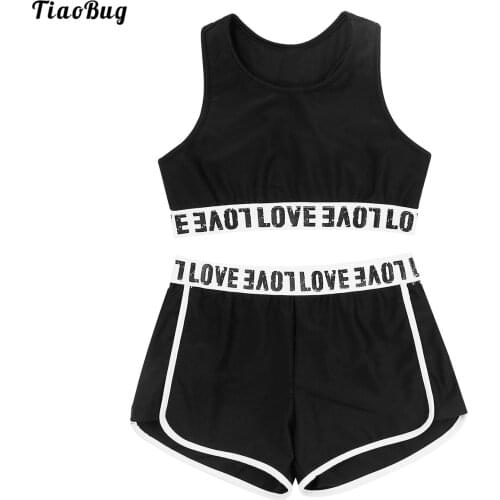 TiaoBug Summer 2Pcs Kids Girls Outfit Letter Printed Sleeveless Racer Back Crop Top With Bottoms Set For Gym Swimming Yoga Dance