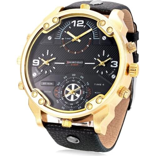 Cool Big Case Watch Men Quartz Watches Four Times Zones Golden Case Leather Military Wristwatches Relogio Masculino Esportivo