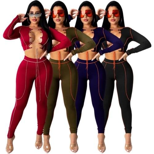 2021 new arrival womens long-sleeved lace-up sexy T-shirt high waist bag hip trousers casual suit women