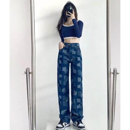 Autumn Jeans WomenS Pants Korean Style Contrast Wave Fashion Trousers Elegant High-Waist Denim Wide-Leg Pants Mujer