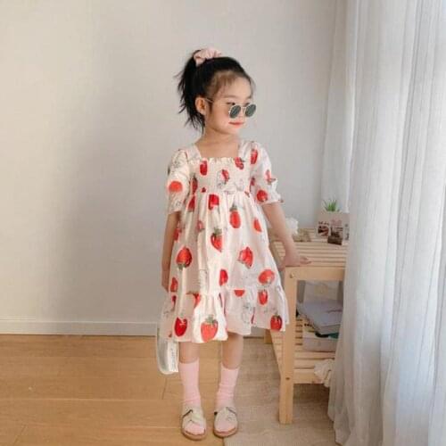 Fashion Floral Print Dress For Girls Short Sleeve Knee Length Ball Gowns Kids Daily Casual Dresses Children Clothing 2- 8 Years