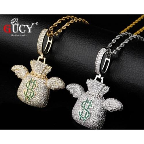 GUCY US Dollar Money Bag Pendant With Tennis Chain Gold Silver Color Bling Cubic Zircon Mens Hip Hop Necklace Jewelry For Gift