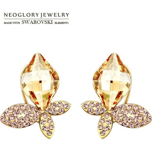Neoglory Austria Crystal & Rhinestone Stud Earrings Romantic Butterfly Stylish Light Yellow Gold Color Elegant Design For Lady